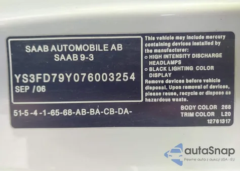 2007 Saab 9-3 2.0T из США, поврежденный, VIN YS3FD79Y076003254